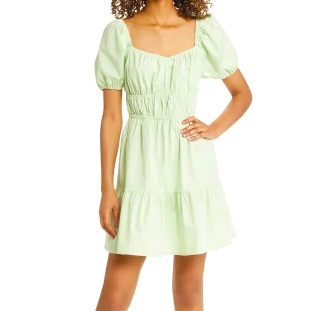 BP Mint Shirred Puff Sleeve Mini Dress